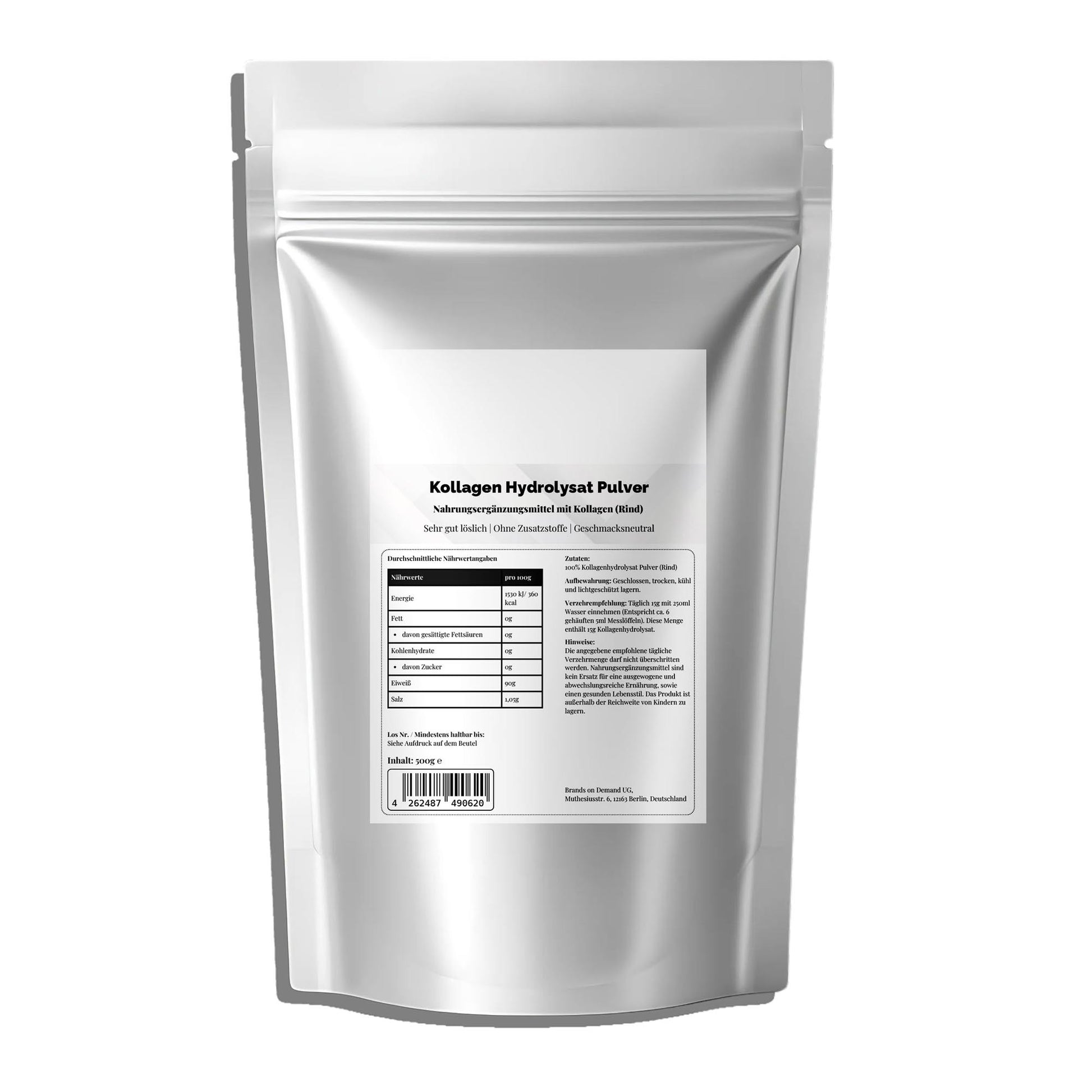 Kollagen Hydrolysat Pulver – 500 g Doypack, Silber-Aluminium-Verpackung, Etikett 110x155 mm, Verzehrempfehlung 15 g