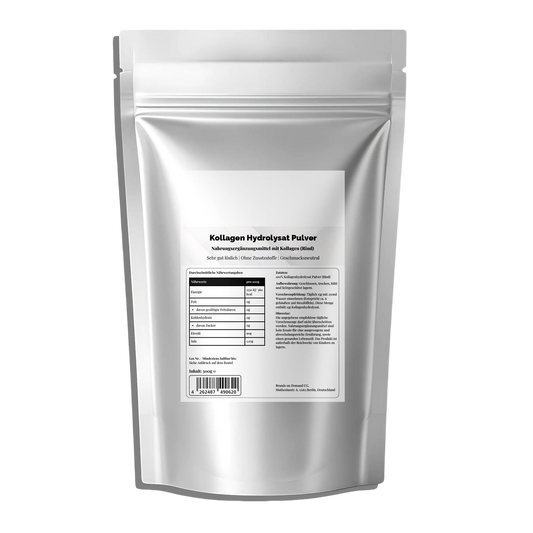 Kollagen Hydrolysat Pulver – 500 g Doypack, Silber-Aluminium-Verpackung, Etikett 110x155 mm, Verzehrempfehlung 15 g