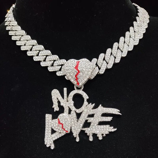 No Love Herz Anhänger Halskette im Hip-Hop-Stil - Mit Cuban Chain