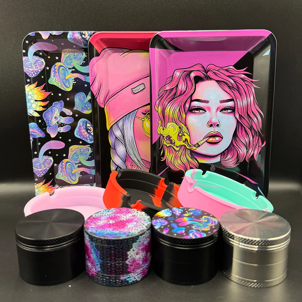 50 mm Tabak- & Kräutergrinder Set mit Rolling Tray & Aschenbecher