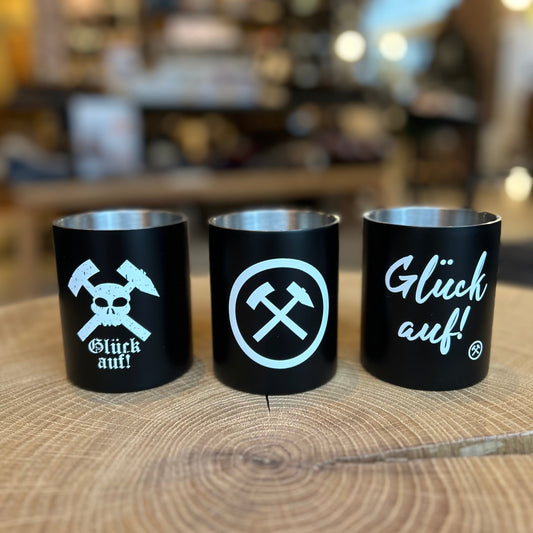 Tasse Emaille schwarz Ruhrpottmotiv