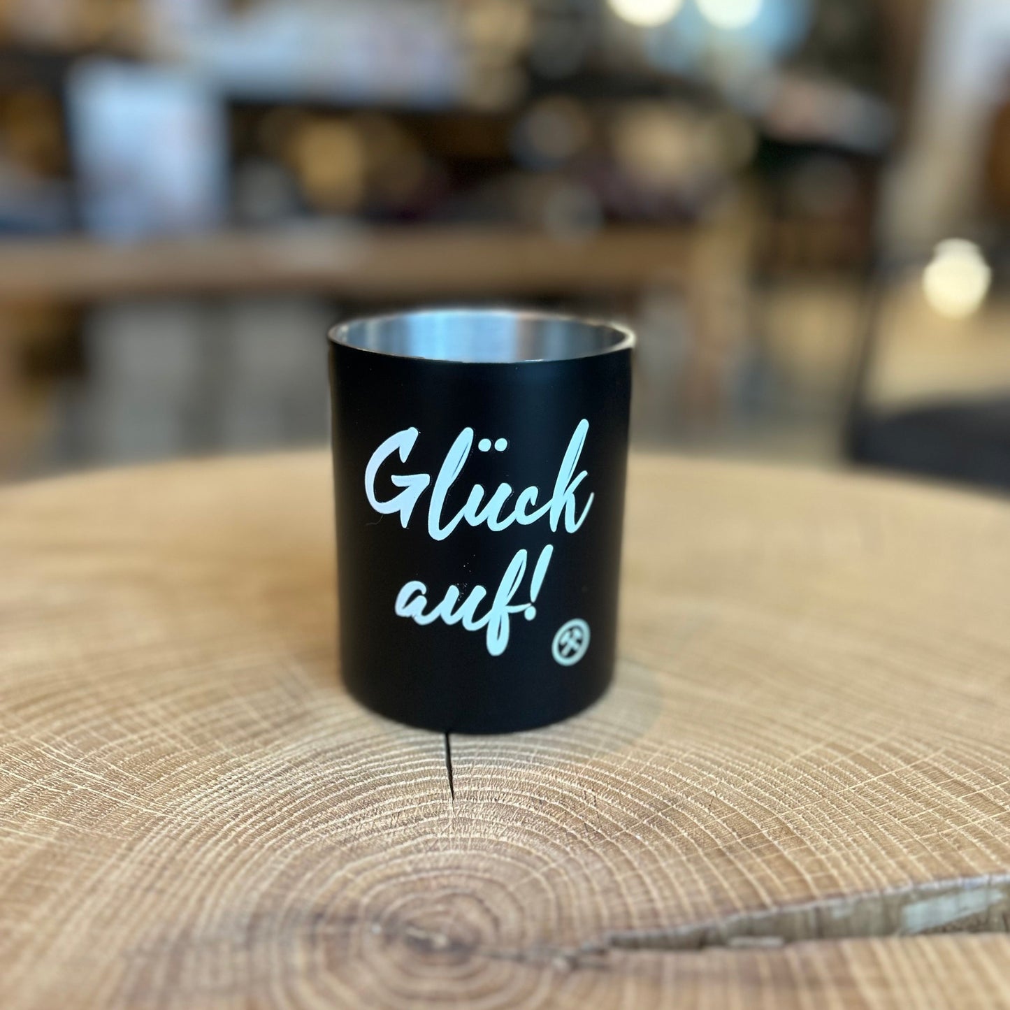 Tasse Emaille schwarz Ruhrpottmotiv