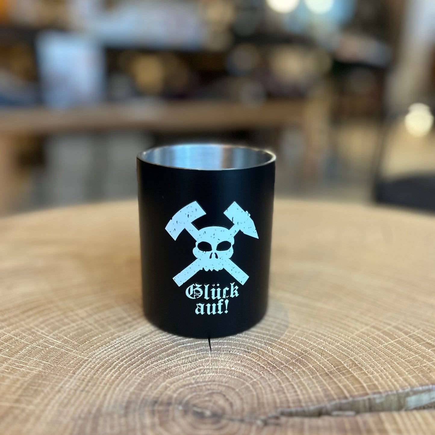 Tasse Emaille schwarz Ruhrpottmotiv