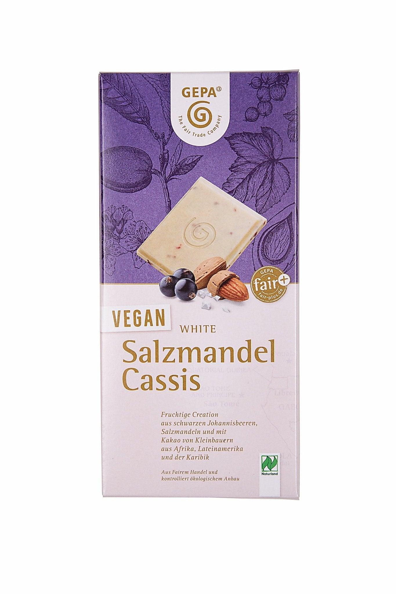 Bio Vegan White Salzmandel Cassis – Cremige Weiße Schokolade mit dem Crunch des Meersalzes und der Süße von Cassis - 24/Alaner Store